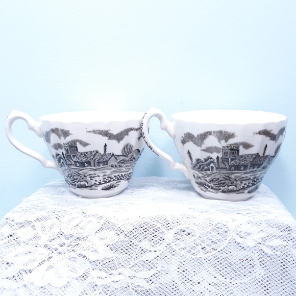 2 Royal Mail Teacups Black White Ironstone England Transferware Antique VTG - Picture 6 of 11
